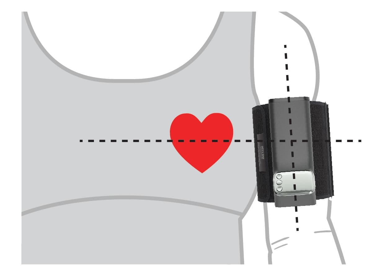 Illustration showing proper placement and alignment of the Garmin Index BPM blood pressure monitor cuff on the upper arm for accurate measurement