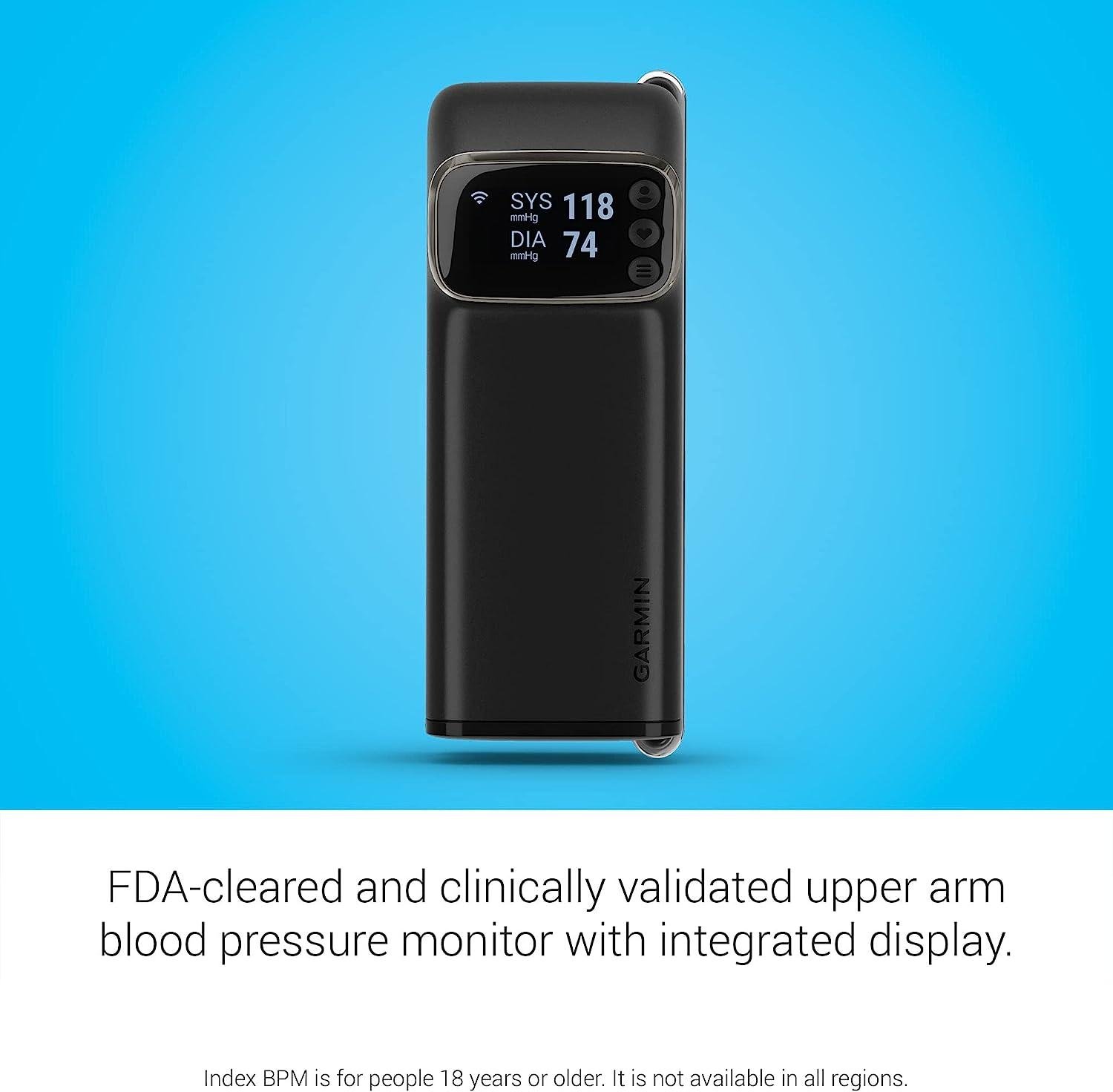 Garmin Index BPM smart blood pressure monitor with FDA clearance and digital display for accurate upper arm readings