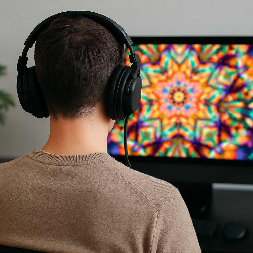 Person wearing headphones watching colorful kaleidoscopic patterns on a computer screen, illustrating binaural beats audio technology