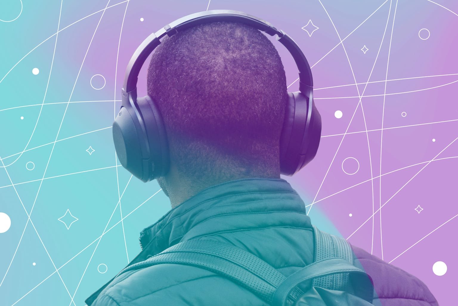 Person wearing headphones with a colorful geometric background, illustrating audio experience related to brain entrainment